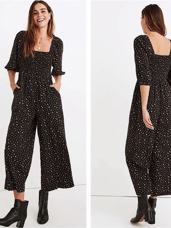 Madewell Pants - Madewell Smocked Square-Neck Wide-Leg Jumpsuit - Black Floral